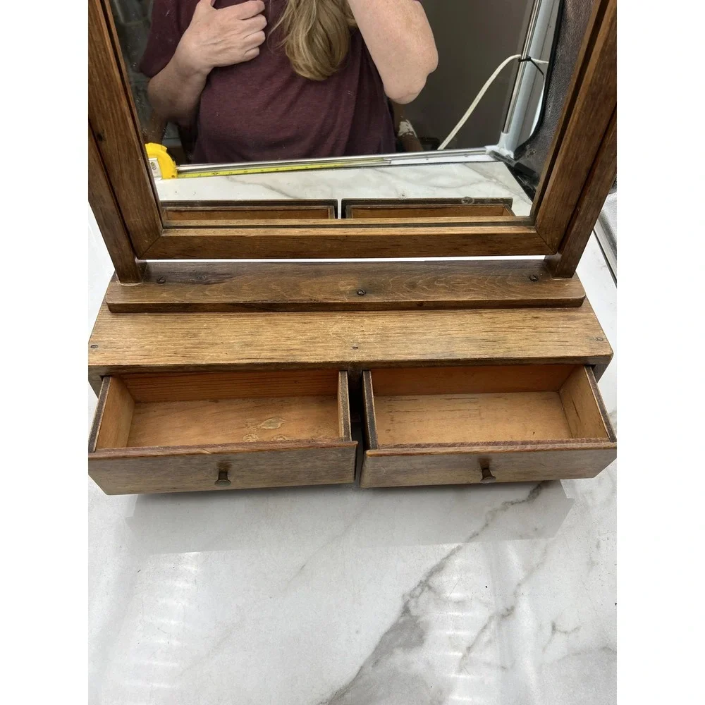 Vintage Wooden Vanity Mirror Box 2 Drawer Dresser Top Swivel Shaving Makeup 18